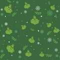 Seamless christmas backgrounds, grinch pattern, holly, christmas elements on a green background. Cartoon child character